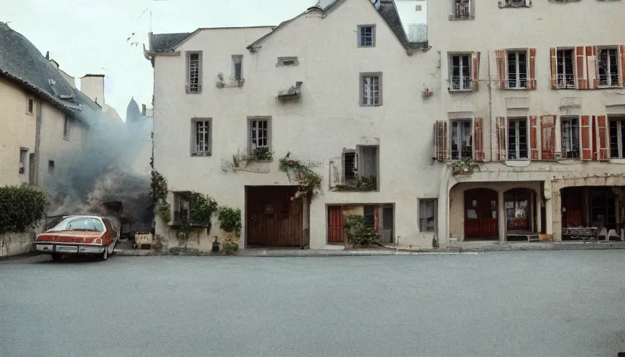 Image similar to 1 9 7 0 s movie still of a heavy burning french style townhouse in a small french village, cinestill 8 0 0 t 3 5 mm, heavy grain, high quality, high detail, dramatic light, anamorphic, flares