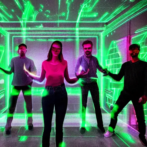 Image similar to a group of people in a room with green laser lights, a hologram by alesso baldovinetti, cg society, holography, glowing neon, glowing lights, kinetic