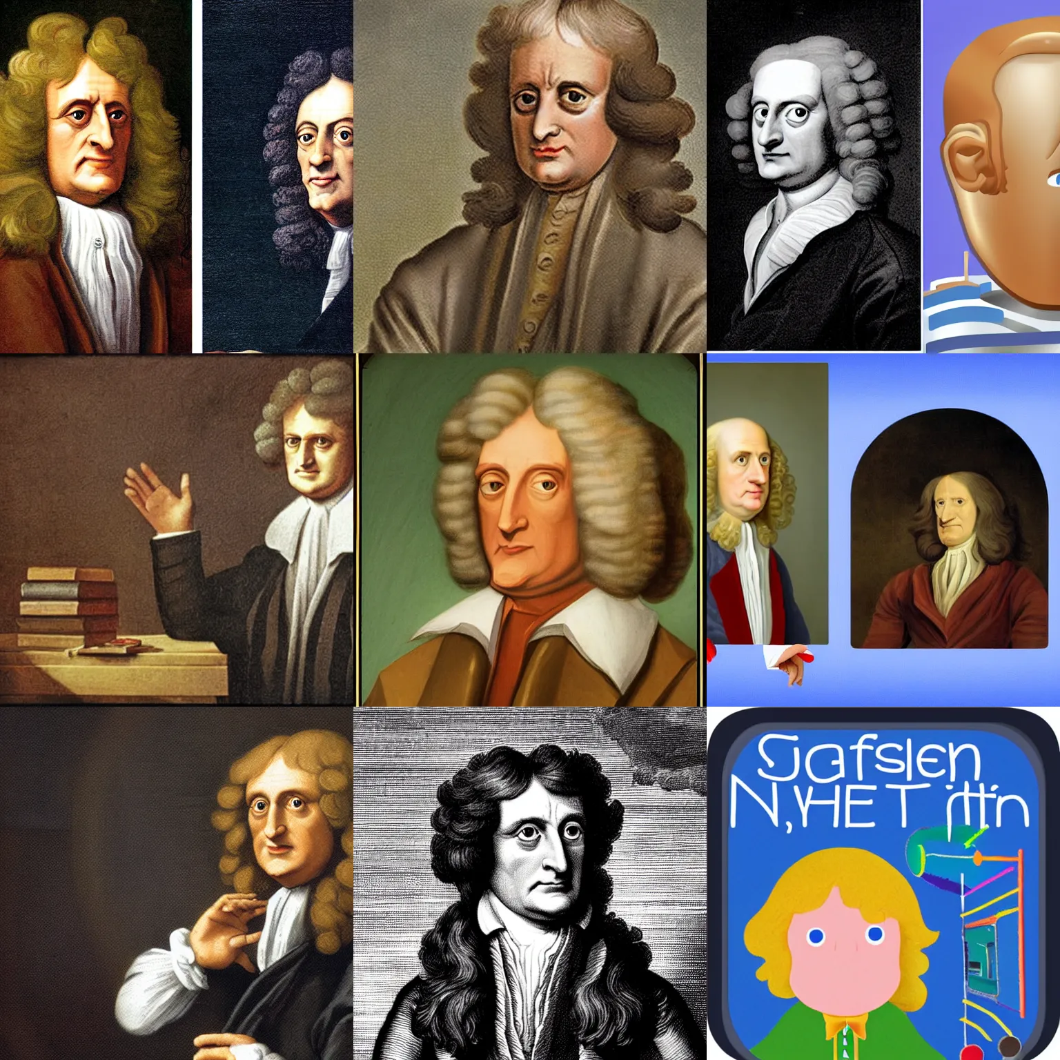 Prompt: isaac newton, big wig, fisher price