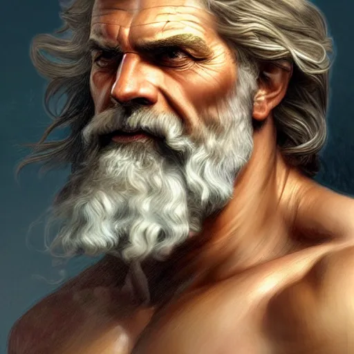 Image similar to portrait of rugged zeus, greek god, salt and pepper hair, soft hair, d & d, muscular, fantasy, intricate, elegant, highly detailed, digital painting, artstation, concept art, smooth, sharp focus, illustration, art by artgerm and greg rutkowski and alphonse mucha