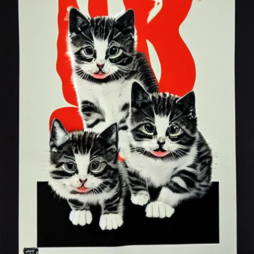 Image similar to silk screen poster of angry kittens in style of frank kozic