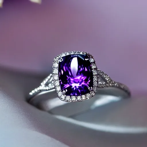 Image similar to a beautiful engagement ring on the hand of a woman, made out of shiny silver, the ring is engulfed in purple fire, high quality, photo realistic, detailed, 8k