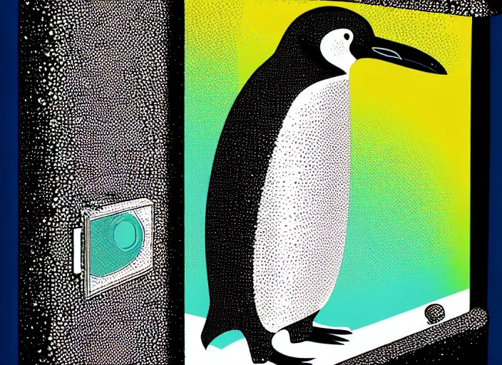 Image similar to penguin inside a refrigerator, colorful,modern art deco, Mads Berg, Karolis Strautniekas, stippled light, editorial illustration, detailed, matte print