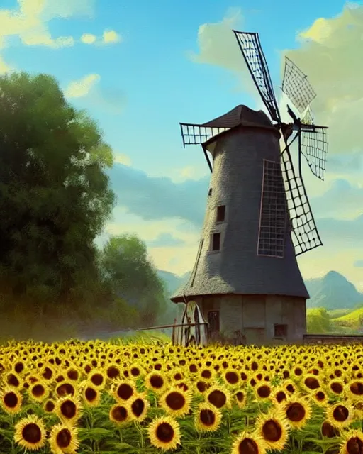 Prompt: epic portrait cinematic shot an windmill standing in a sunflower field, sunny day, village in the backround, carriage, fine details. night setting. realistic shaded lighting poster by craig mullism, artgerm, jeremy lipkin and michael garmash, unreal engine, radiant light, detailed and intricate environment, digital art, trending on art station,