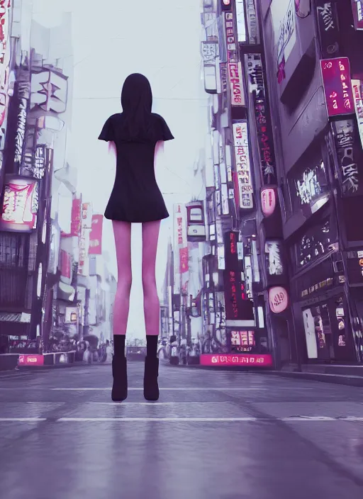 Image similar to demonic girl without head standing in the middle of the crowded tokyo street, photorealistic, canon r 3, symmetry, octane render, unreal engine, dramatic lights