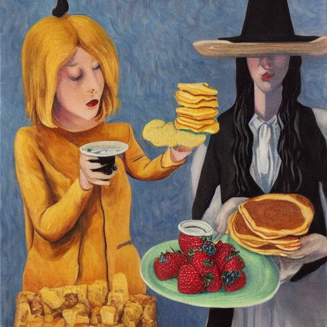 Image similar to tall emo female artist holding pancakes, in chippendale sydney, gold bars, maple syrup, snails, berries, pigs, octopus, witch's broomstick, acrylic on canvas, surrealist, by magritte and monet