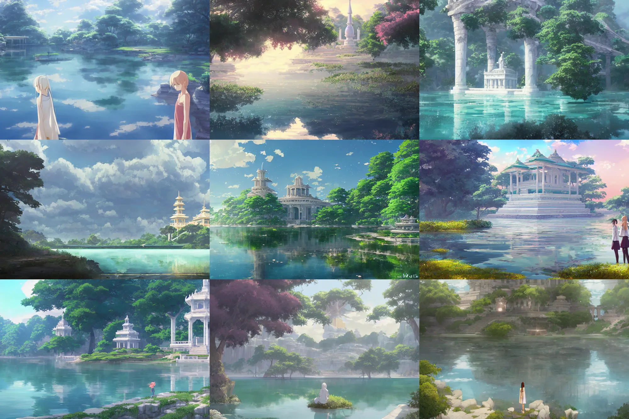 Prompt: a beautiful lake with a towering white marble temple to the water goddess, anime, a fantasy digital painting by makoto shinkai, trending on artstation, highly detailed