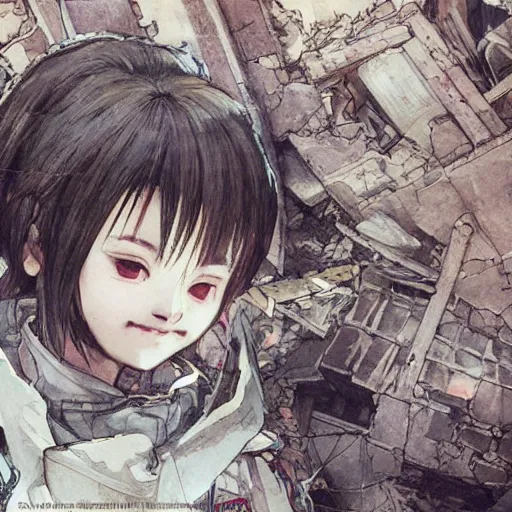Prompt: cute japanese girl with small horns, with short pink hair, dressed in an old white coat, praying on the floor of a destroyed church, with an elegant smile, view from above, detailed artwork by Yoji Shinkawa