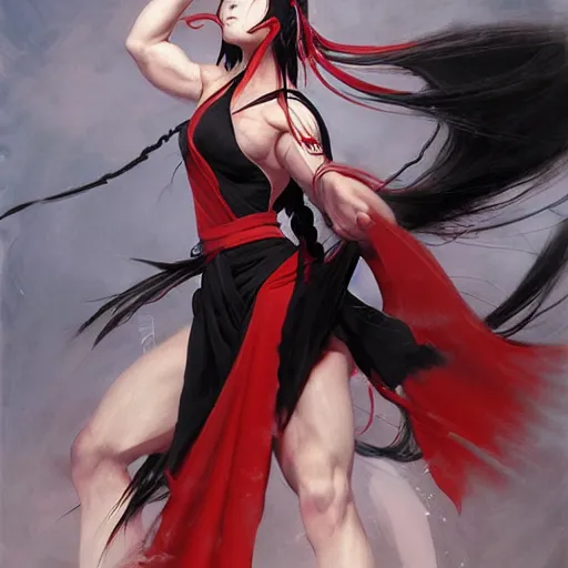 Prompt: portrait of a muscular female fighting shrine maiden miko with long flowing black hair wearing a red hakama over a black leotard, touhou character art by thoma greg rutkowski boris vallejo yoshitaka amano michael whelan nekro illustrated art by ashley wood, detailed painting, shimmer oil on canvas artstation