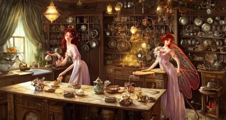 Image similar to a mid - shot of a fairy in a vintage magical kitchen, with one vintage book on a table, with a fireplace in the background d & d, fantasy, intricate, elegant, highly detailed, digital painting, artstation, concept art, smooth, sharp focus, illustration, art by artgerm and greg rutkowski and alphonse mucha