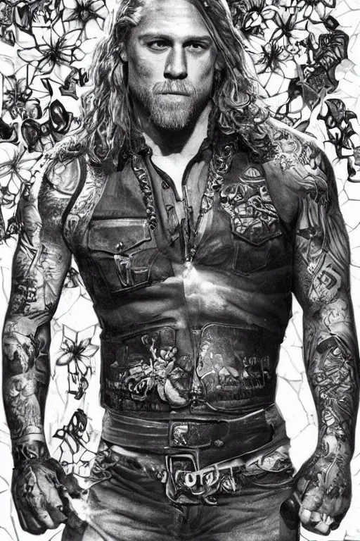 Image similar to Photorealistic half body Portrait of Jax Teller as a very attractive muscular biker, all his skin covered by flowers, elvish symbols and and dark grim themed tattoos. surrounded by magic lightings overlays, Intricate, concept art, magic lighting overlays, magical portal opened, D&D!, fantasy style, sharp focus!, ultra detailed, art by Artgerm and Peter Andrew Jones, WLUP, Magali Villeneuve