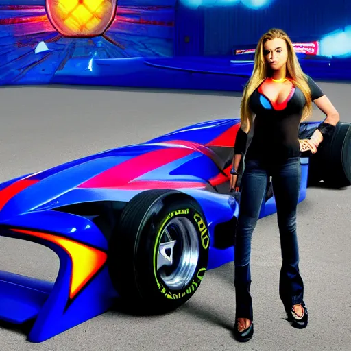 Prompt: photo of young Carmen Electra inside video game F-Zero GX standing next to the Blue Falcon racing machine, sunrise, fine art photography