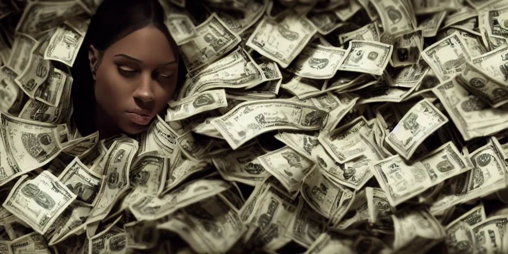 Image similar to a film still of cash money piling up in a vault, shallow depth of field, cinematic, award winning cgi, vfx, film still cfg _ scale : 2 1. 0