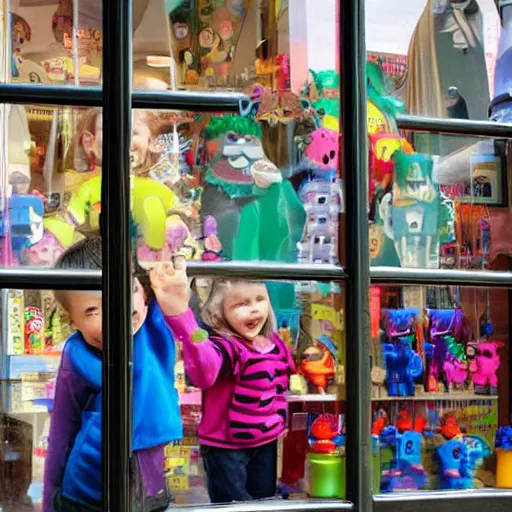 Prompt: kids peeking through a toy store's window from outside