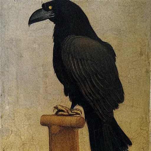 Image similar to high quality oil painting by leonardo da vinci, a black raven bird, subtly smiling