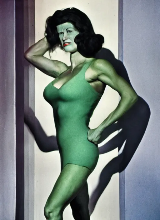 Image similar to a color photo portrait of she hulk in la by dorothea lange, dramatic lighting, 7 5 mm lens, sharp focus.