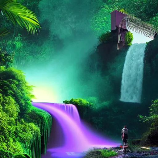 Prompt: digital art of Purple elephant falls from a green waterfall into a supermassive black hole, by Beeple, 8K, photorealism