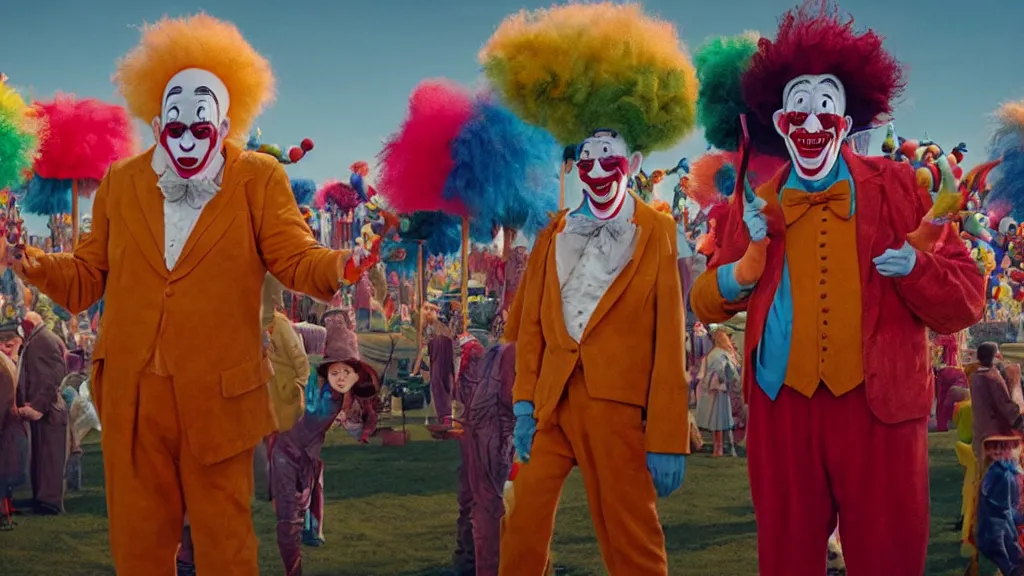 Image similar to the giant clowns at the fair, film still from the movie directed by denis villeneuve and david cronenberg with art direction by salvador dali and dr. seuss