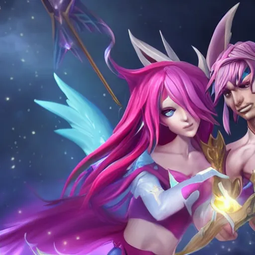 Prompt: star guardian xayah and star guardian kai'sa!!!!!!!!!! friends together, league of legends, star guardian xayah, full body photo, star guardian kai'sa, hyperrealistic, realistic, high definition, by weta digital, 3 - dimensional, realistic