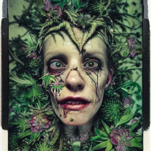 Image similar to a beautiful detailed front view portrait of a rotten woman corpse with fractal plants and fractal flowers growing around, volumetric light, beautiful lit, polaroid photography