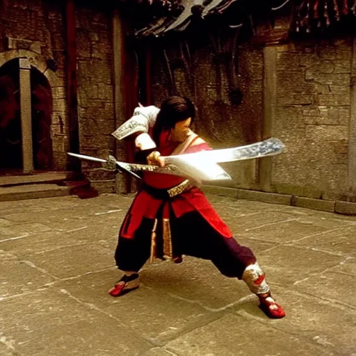 Image similar to xianxia fantasy, wuxia, xuanhuan martial artist fighting european knight, chinese swordsman fighting medieval european swordsman, fantasy, wuxia, pseudo - medieval fantasy, cinematic, 1 9 8 6 movie screenshot, french swordsman fighting chinese swordsman