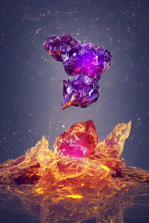 Image similar to A single elemental fire crystal covered in organic shapes and glowing with power, Sitting alone, Surrounded by darkness, concept art, illustration, burning hot. Magic Stone. Ruby Stone. Gold. Crystal structure. Symmetrical. Spirals. Melting. Honey. Intricate. Hyper Real. 4K. Octane Render. Refraction. Caustics. Empty Background. Black Background. No Background. Seriously, no background.