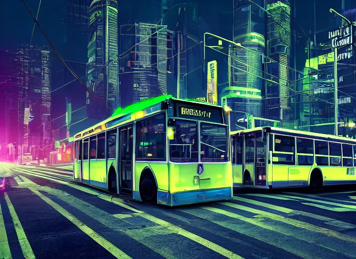 Image similar to trolleybus stands at a stop, headlights shine with neon light, atmospheric, futuristic, cyberpunk, ray tracing global illumination, 8 k resolution, ultra detailed