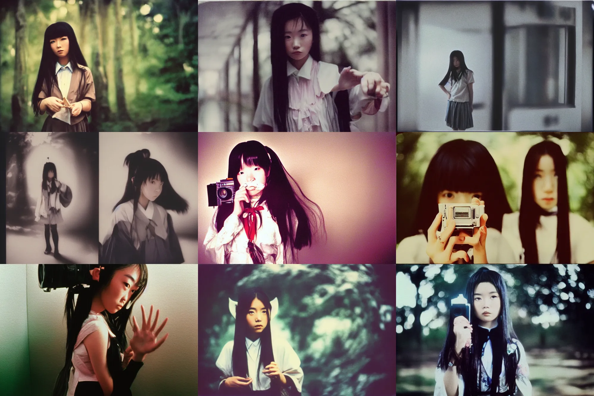 Image similar to epic, cinematic 1 9 9 0 s film still movie shot of a mystical occult japanese schoolgirl. instagram photo at behance, polaroid kodak portra, hollywood