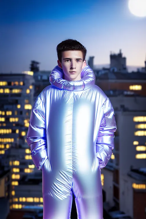 Image similar to un ultra high definition studio quality photographic art portrait of a young man standing on the rooftop of a british apartment building wearing soft baggy inflatable padded silver iridescent pearlescent clothing. three point light. extremely detailed. golden ratio, ray tracing, volumetric light, shallow depth of field. set dressed.