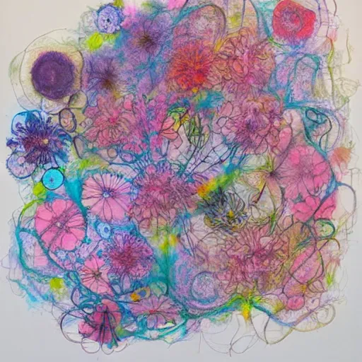 Prompt: Mixed media art. This illustration is a large canvas, covered in a wash of color. In the center is a cluster of flowers, their petals curling and twisting in on themselves. The effect is ethereal and dreamlike, and the overall effect is one of serenity and peace. by Toyo Ito robust