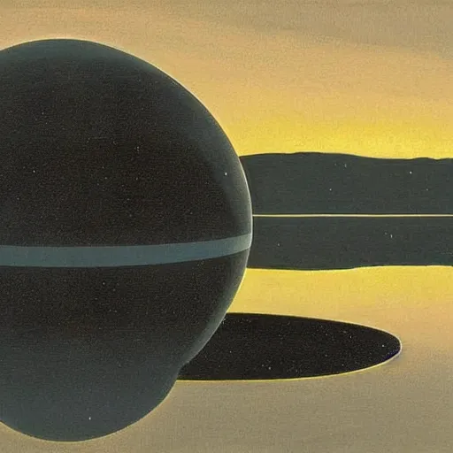 Prompt: a giant metal sphere, addorned with canadian aboriginal patterns!!!!!!!, hovering above a lake in Yukon, Ralph McQuarrie, concept art, dramatic perspective.