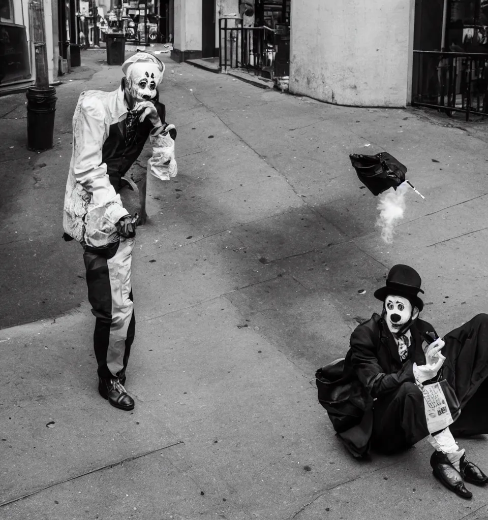 Prompt: a black and white photo of a sad clown on the street of new york smoking a cigarette, 8 k