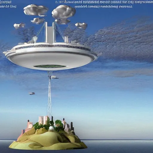 Image similar to Floating island in the sky, engines of the ship stick out on the sides, on top of that a small city what produces emissions.