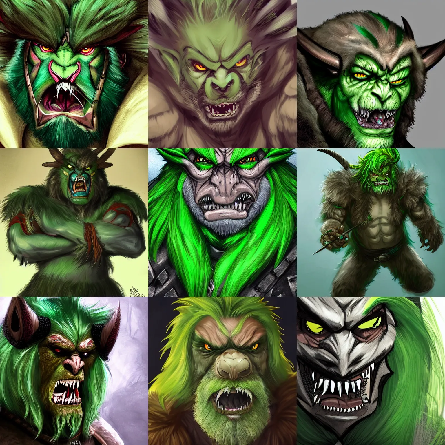 Prompt: super detailed portrait of a of a Dungeons and Dragons bugbear with green hair he looks angry, Fantasy, 4k, HD, DnD