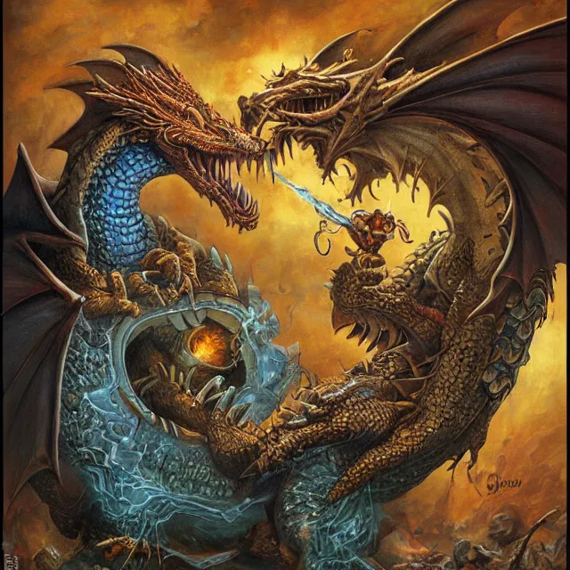 Prompt: artwork by Justin Gerard and Jeff Easley showing a dragon sitting on a volkano smoking his pipe