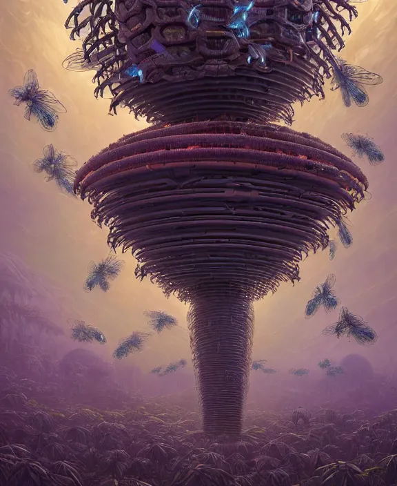 Image similar to a giant weird industrial plant hive made out of isopod dragonflies, in the style of a strange asymmetrical spaceship, overgrown with disturbing orchids, godbeams, partly cloudy, somber, dramatic lighting, by dan mumford, yusuke murata, makoto shinkai, ross tran, cinematic, unreal engine, cel shaded, featured on artstation, pixiv