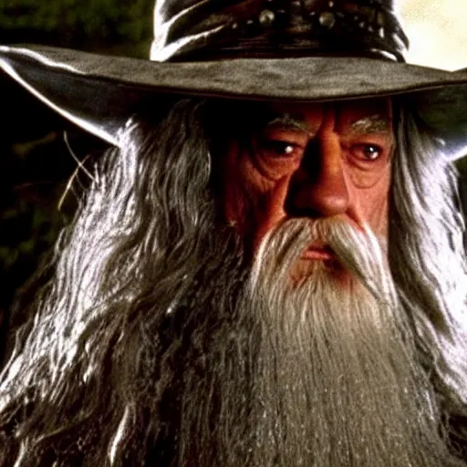 Prompt: Gandalf wearing a cowboy hat. Movie still from lord of the rings the fellowship of the ring