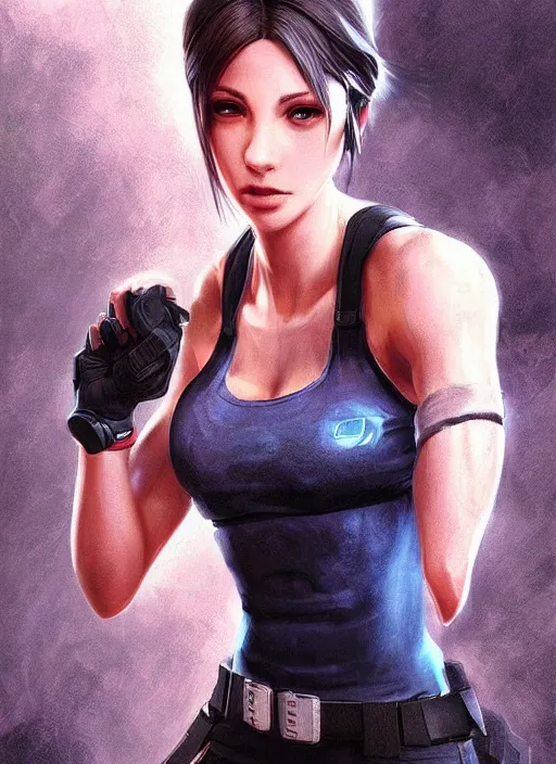 Image similar to beautiful portrait of a gorgeous personal trainer who looks like Jill Valentine , character design by Ross Tran, artgerm detailed, soft lighting