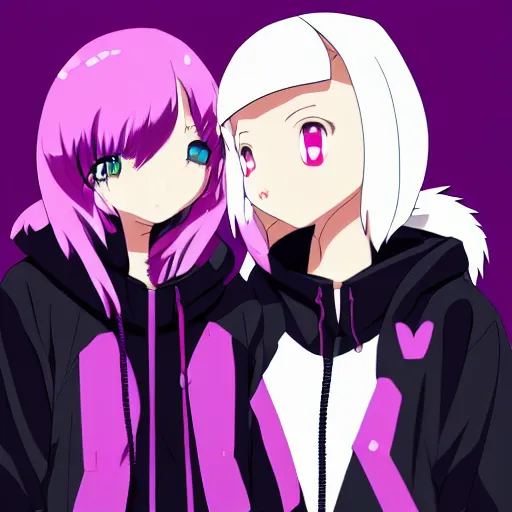 Image similar to two girls, a girl with short white hair and polar bear ears wearing an open black coat, another girl with long black hair wearinga purple hoodie with red eyes, anime key visual art, anime artystyle