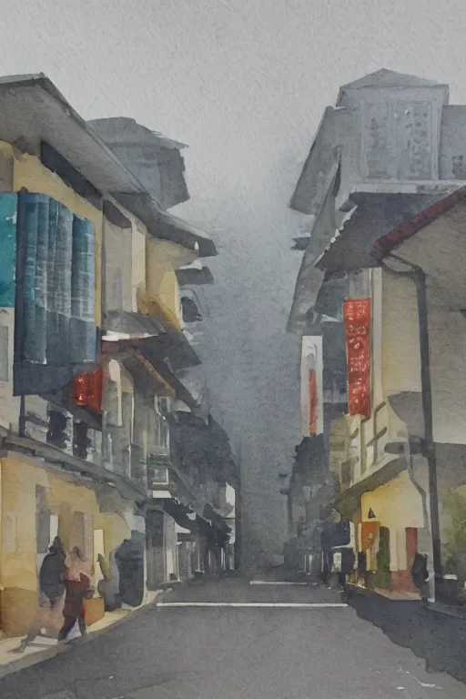 Prompt: a watercolor depicting a singapore katong, gloomy weather, high contrast, smooth, by joseph zbikowicz, 8 k