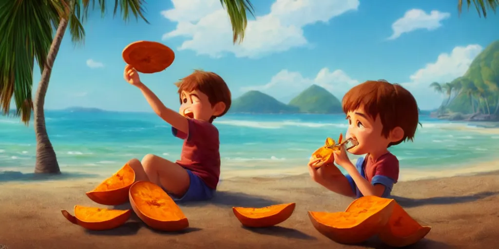 Prompt: a wholesome animation key shot of a kid eating a sweet potato at a tropical beach, medium shot, waist up, studio Pixar and Disney animation, sharp, very detailed, high resolution, Rendered in Unreal Engine 5, anime key art by Greg Rutkowski, Bloom, dramatic lighting