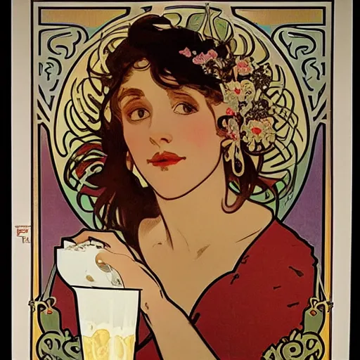Prompt: a poster by alphonse mucha advertising a glass of milk