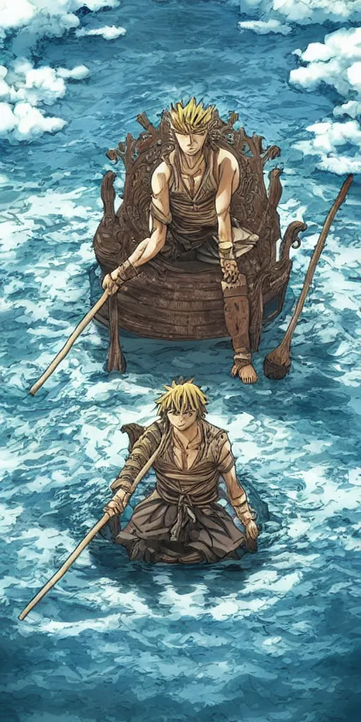 Image similar to a single lone king sitting on a throne floating on water in the middle of a lake drawn by Makoto Yukimura in the style of Vinland saga anime, full color, detailed, wide angle