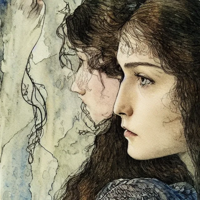 Image similar to a detailed, intricate watercolor and ink portrait illustration with fine lines of young 1 4 year old saoirse gal ronan gadot looking over her shoulder, by arthur rackham and edmund dulac and walter crane