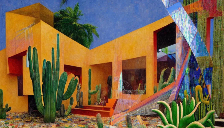 Prompt: 1 9 9 8 brazilian nordeste house designed by arthur bispo do rosario, jules bastien - lepage, tarsila do amaral, frank weston and gustave baumann, trending on artstation, mediterranean, cactus and broken mirrors, sharp focus, colorful refracted sparkles and lines, soft light, 8 k