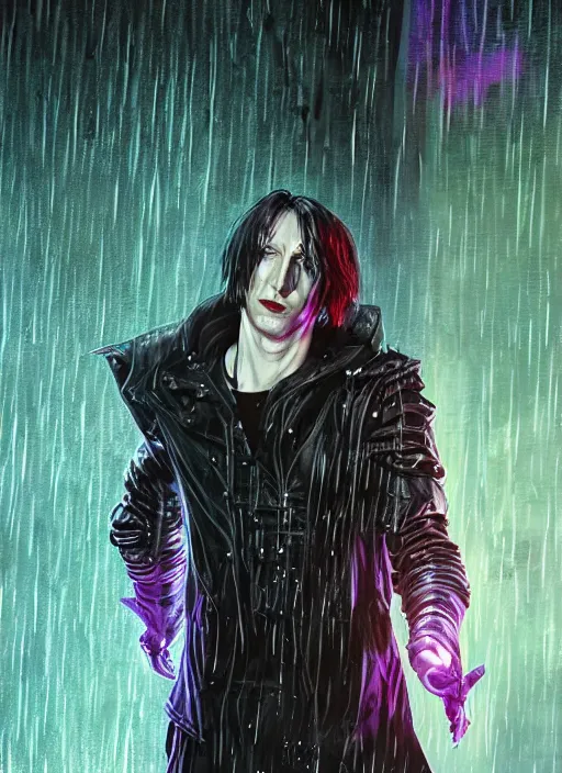 Prompt: an epic fantasy comic book style full body portrait painting of a very beautiful synthwave industrial goth trent reznor as snape walking in the rain, neon reflections in the rain puddles, character design by mark ryden and pixar and hayao miyazaki, unreal 5, daz, hyperrealistic, octane render, cosplay, rpg portrait, dynamic lighting, intricate detail, cinematic