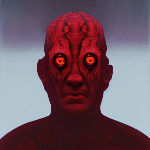 Prompt: lord loss, king of hell, book portrait, pale red, lumpy skin, he has an open hole in his chest filled with deadly venomous snakes. he has very dark - red eyes with even darker red pupils. symmetric lights and fog, in the style of zdzislaw beksinski, glowing light and shadow, hyperrealist, 8 k