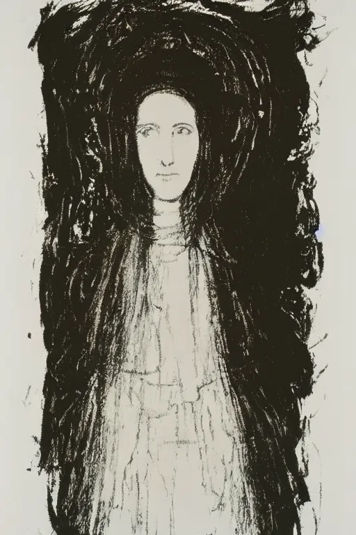 Image similar to virgin mary of lourdes painted by cy twombly and andy warhol