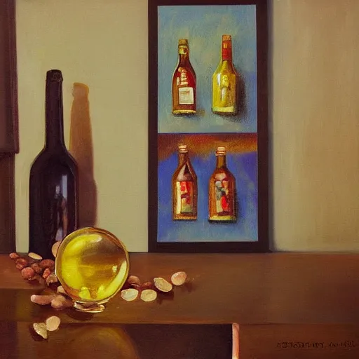 Image similar to a room with four bottles on the floor and a painting of three bottles hanging on the wall, trending on artstation, intricately ordinated oil painting