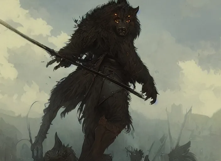 Image similar to A werewolf knight, medieval setting, highly detailed, digital painting, artstation, concept art, sharp focus, illustration, art by greg rutkowski and alphonse mucha